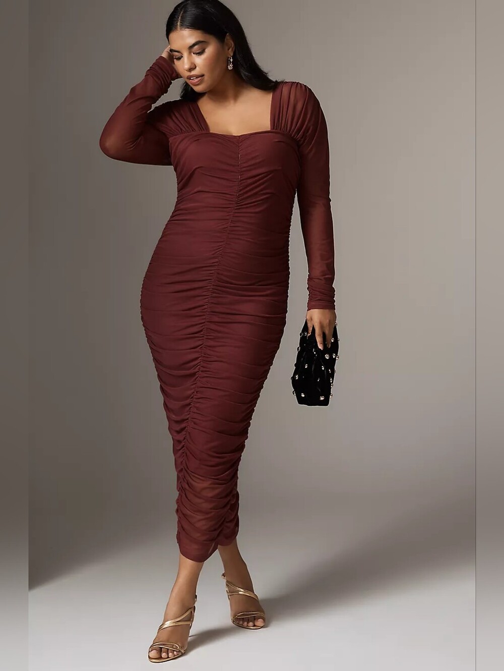 Anthropologie Burgundy Ruched Long-Sleeve Midi Dress with Square Neck